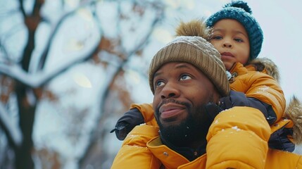 A man and a child are wearing hats and jackets and are walking in the snow. The man is carrying the child on his back