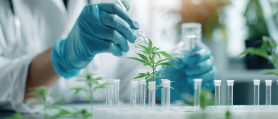 Scientist in laboratory performing research on cannabis plant samples using test tubes and protective gloves for scientific study.