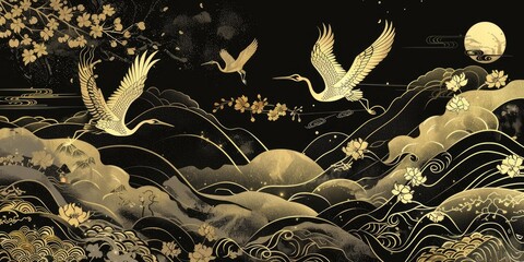 Wall Mural - Gold cranes and flowers on a black background.