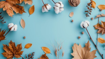 Wall Mural - Autumn themed flat lay with dried leaves and cotton on light blue backdrop Concept of autumn fall winter