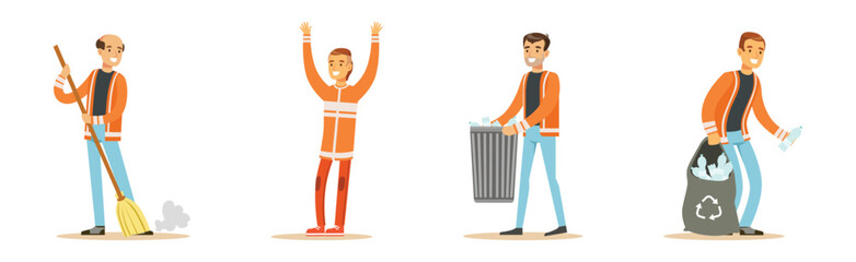 Sticker - Man Janitor and Garbage Collector Cleaning Street Vector Set