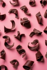 Wall Mural - A close up of chocolate curls on a pink background. The curls are of different sizes and shapes, creating a visually interesting and appetizing scene. Concept of indulgence and pleasure