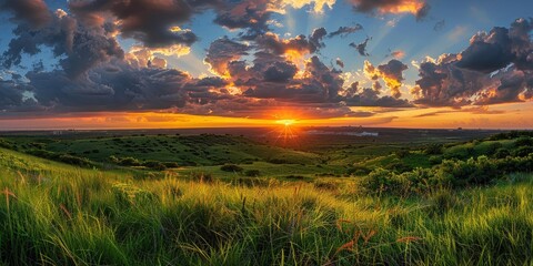 Wall Mural - Golden Sunset Over Green Hills