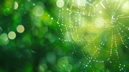 Beautiful spider web with morning dew, sparkling in the sunlight against a lush green background. Nature's intricate design on display.