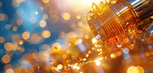 Leinwandbilder - A close-up shot of liquid splashing out of a metal container, creating dynamic shapes and sparkling effects with bokeh lights.