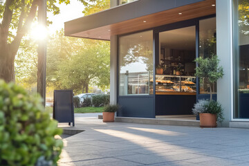 Cozy Modern Bakery Cafe with blank Advertising Sign on s street with Copy Space in Sunlit Urban Setting