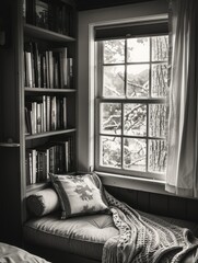 Wall Mural - A cozy reading nook with a window and a blanket draped over a chair. The room is filled with bookshelves, and the window lets in natural light. Concept of comfort and relaxation, perfect for reading