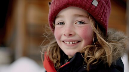 Wall Mural - A young girl wearing a red hat and a black coat is smiling. She has a rosy cheek and is wearing a red hat