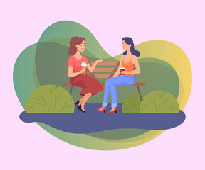 Wall Mural - Female friends sitting on bench and chatting in park. Two women talking while eating ice cream and drinking tea or coffee flat vector illustration. Communication, summer, friendship concept for banner