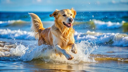 'spray beach dog water runs along retriever running gold happy pet summer healthy fun splash cute nature wet swimming animal1 active jump splashing joy canino run play outdoors purebred speed game'