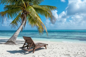 Poster - A beach chair is on the sand next to a palm tree. The sky is blue and there are clouds in the background. The scene is peaceful and relaxing