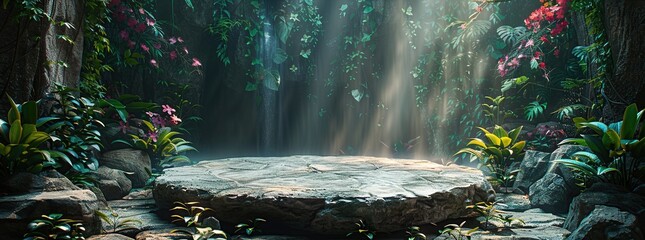 Canvas Print - Stone Platform in a Lush Tropical Rainforest