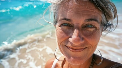 Poster - A woman with a smile on her face is standing on a beach. She is wearing a white shirt and a gold hoop earring