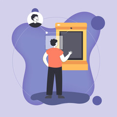 Wall Mural - security camera with facial recognition system in bank. man withdrawing cash from atm machines which