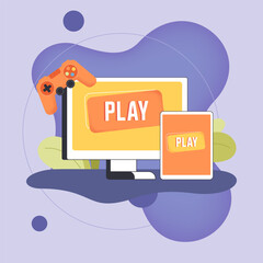 Playing video games on tablet and computer. Playing console, using various hardware devices, computer or tablet flat vector illustration. Cross-platform play concept
