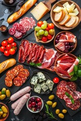 Wall Mural - A table full of food including meats, cheese, bread, and fruit. The table is set for a party or gathering