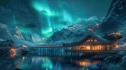 Poster - Cabin by the Lake under the Northern Lights