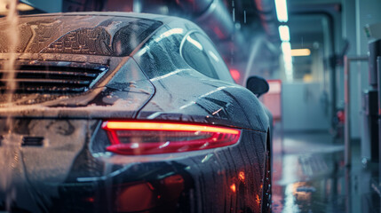 Car undergoing cleaning process at touchless car wash facility during evening hours