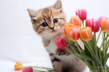 A cute and funny tabby kitten is surrounded by a bouquet of tulips on a white background. Postcard design for March 8, Mother's Day and spring holidays with place for text, copyspace