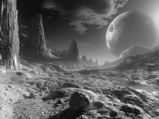 Wall Mural - a desolate landscape with a large rock in the foreground and a large planet in the background. the s