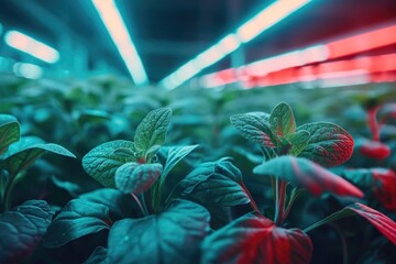 A bunch of green plants with red and blue lights shining on them. The plants are in a greenhouse and are growing in a row