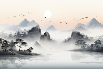 Poster - Serene Mountain Landscape with Misty Peaks and Tranquil Water