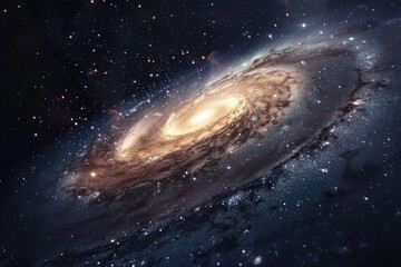 Wall Mural - a spiral galaxy with a bright yellow center. the galaxy is filled with stars and is surrounded by a 