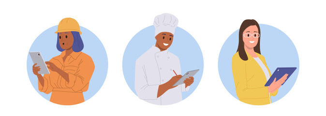 Isolated round composition set with engineer, cook chef, businesswoman using digital tablet for work
