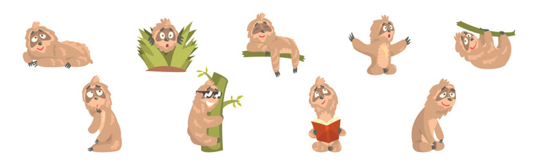 Poster - Funny Sloth Character Engaged in Different Activity Vector Set