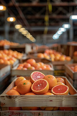 Grapefruits harvested in wooden boxes in a warehouse. Natural organic fruit abundance. Healthy and natural food storing and shipping concept.