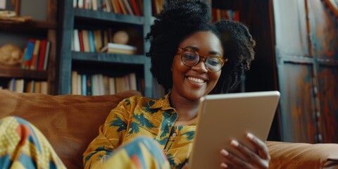 a woman is sitting on a couch with a tablet in her hand. she is smiling and she is enjoying herself