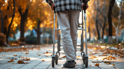 Elderly man struggling with leg pain while walking with a medical walker in autumn park