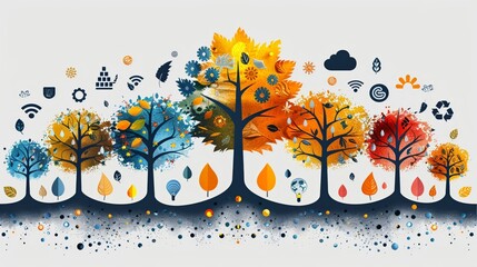 Tree with green technology and renewable energy symbols minimal design flat white background digital illustration space for text