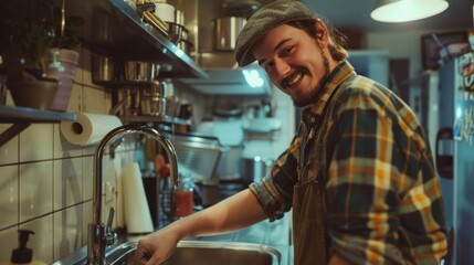 Poster - A man is smiling while washing dishes in a kitchen. The kitchen is well-equipped with a sink, a refrigerator, and a microwave