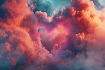 Poster - A heart-shaped cloud of pink and purple smoke. The colors are vibrant and the heart shape is bold and striking. Concept of love and passion, as well as a feeling of freedom and creativity