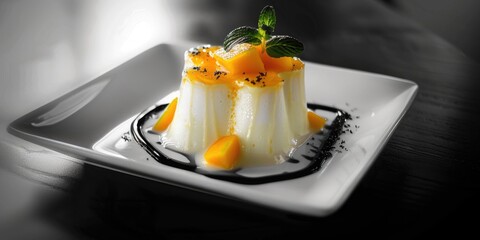 Wall Mural - A dessert with a green leaf on top of it. The dessert is a white pudding with a black sauce