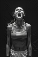 Poster - A woman is in a gym, with her mouth open and her arms raised. She is wearing a tank top and shorts