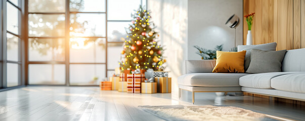 Christmas decoration with fir tree in cozy room. Xmas and New Year concept.