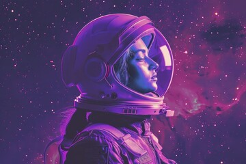 Wall Mural - a woman in a space suit is looking up at the stars. the image has a dreamy, otherworldly feel to it,