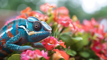 Wall Mural - Colorful chameleon enjoying the flower garden scenery.