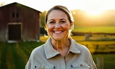 Wall Mural - Full-length portrait video of a cheerful woman in her 40s wearing a lightweight windbreaker against a rustic barn or farm background