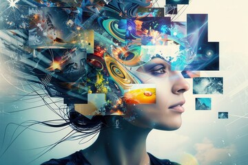 Aufkleber - A person embodies the essence of creativity, with vibrant, abstract visuals swirling around their head, symbolizing a dynamic brainstorming process. Generative AI