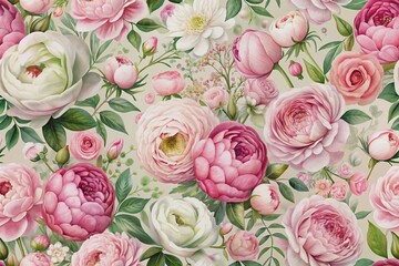 Poster - Delicate pink roses, lush peonies, and ranunculus flowers cascade in a seamless pattern, creating a romantic, whimsical, and elegant backdrop for wedding cards or spring-inspired designs.