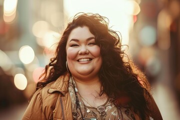 Poster - A woman with long hair and a big smile is standing on a street. She is wearing a brown jacket and a necklace