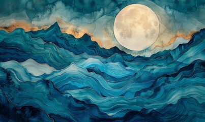 Wall Mural - A painting of a large moon in the sky above a body of water