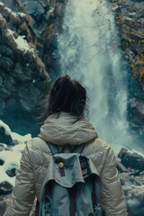 Sticker - A woman wearing a backpack and a jacket stands in front of a waterfall. Concept of adventure and exploration, as the woman is likely on a hiking trip or a nature excursion