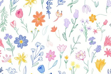 Sticker - A colorful drawing of flowers with a bright and cheerful mood. The flowers are of various colors and sizes, and they are scattered throughout the image. The drawing has a whimsical