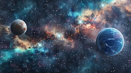 Wall Mural - two planets are in the sky, one is blue and the other is red
