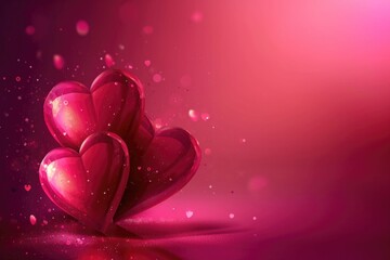 Wall Mural - A pink background with three hearts on it. The hearts are in the center and are surrounded by a glittery effect. Concept of love and romance