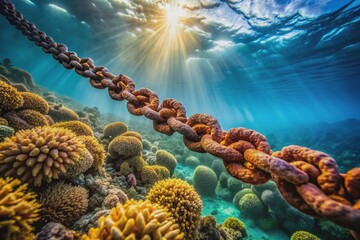 Wall Mural - Vibrant coral reef chain weathered by ocean currents and sunlight, exhibiting intricate textures and colors, isolated on a soft, blurred marine background.